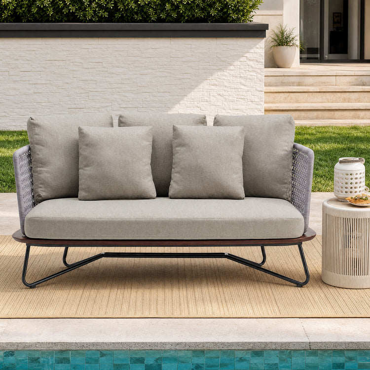 Amalfi 64" Outdoor Woven Rope Loveseat with Solid Teak Base