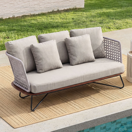 Amalfi 64" Outdoor Woven Rope Loveseat with Solid Teak Base