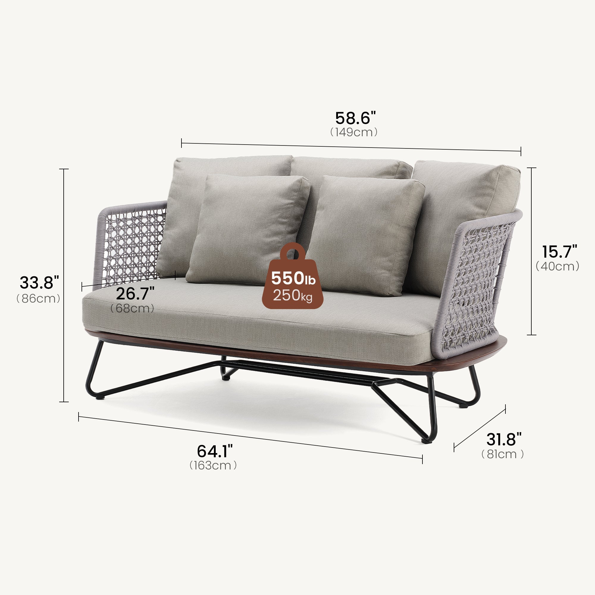 Amalfi 64" Outdoor Woven Rope Loveseat with Solid Teak Base - Dimensions