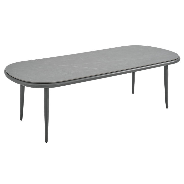 Gray rounded-rectangle coffee table has a stone-look top and four slim legs