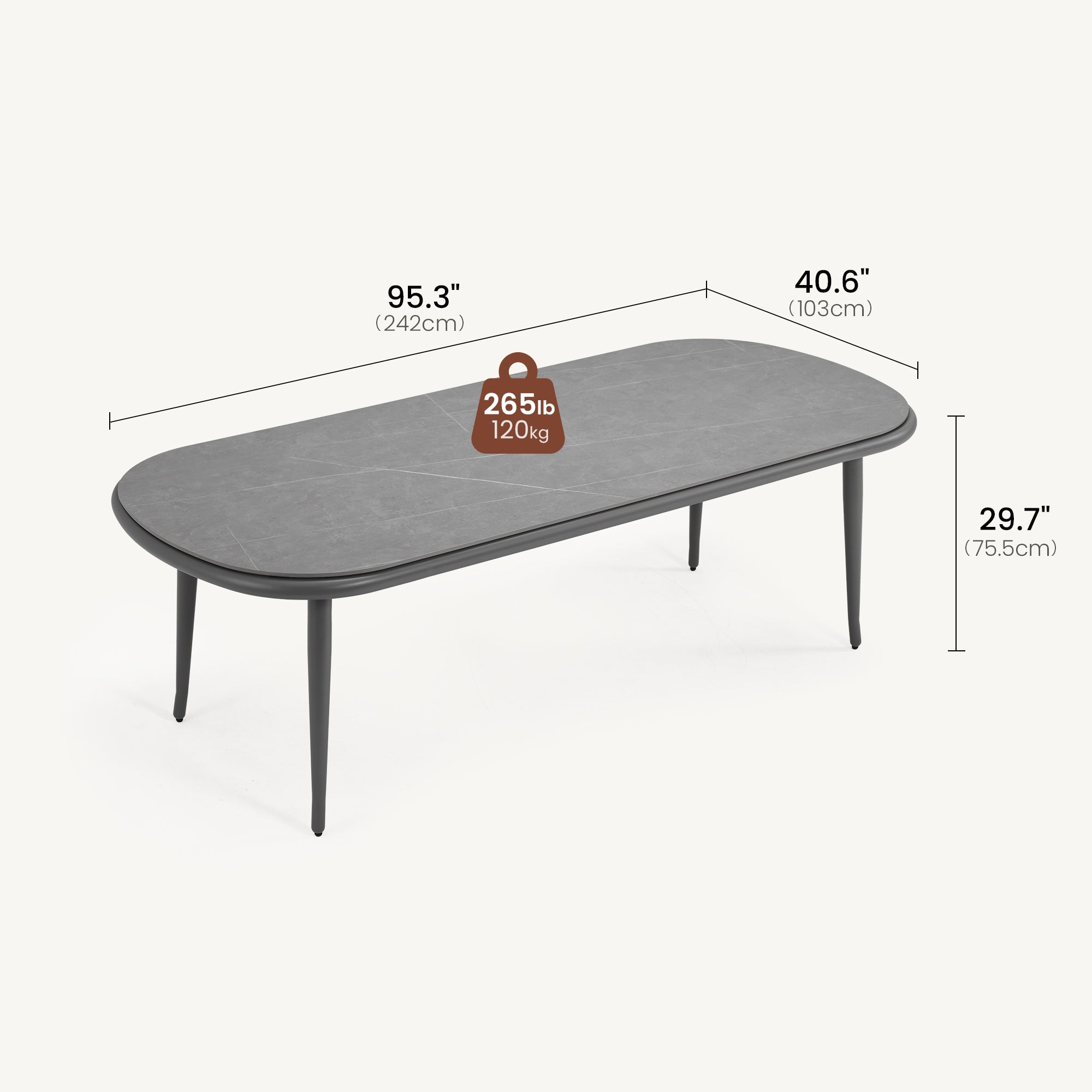 95.3" Outdoor Oval Dining Table with Bold Tube Sintered Stone Top - Dimensions