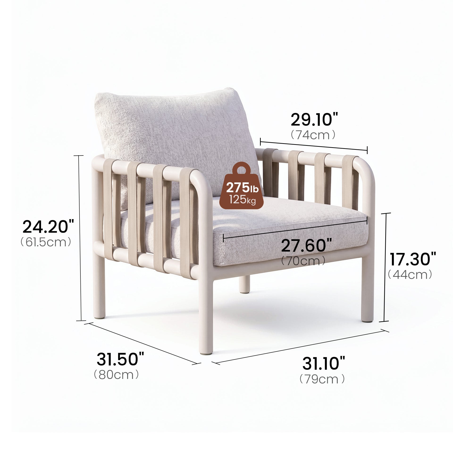 1pc 31" Tube Webbing Outdoor Lounge Chair for Garden Balcony Yard - Dimensions