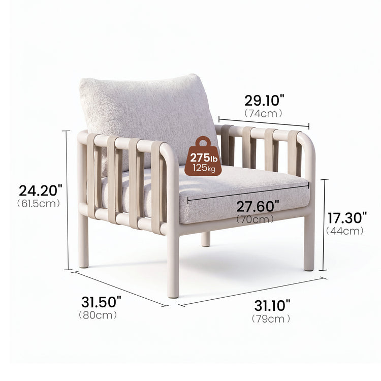 An armchair with a loose back cushion is surrounded by measurement lines