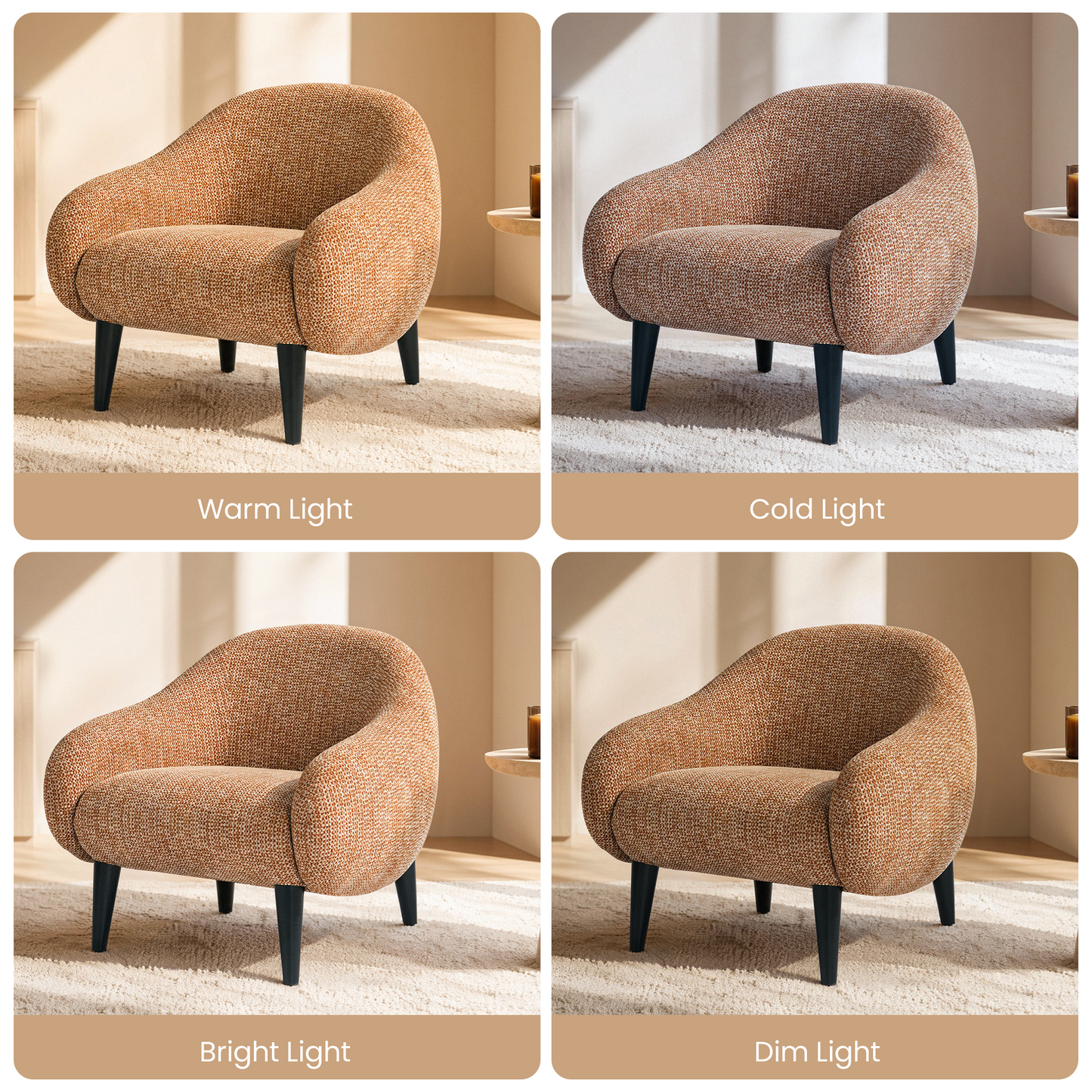 Four panels show the same orange-and-cream chair under labeled lighting conditions