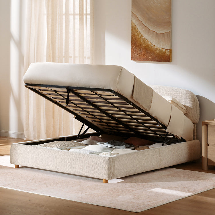 Elara Queen Lift-Up Storage Bed Frame with Adjustable Headboard, Beige