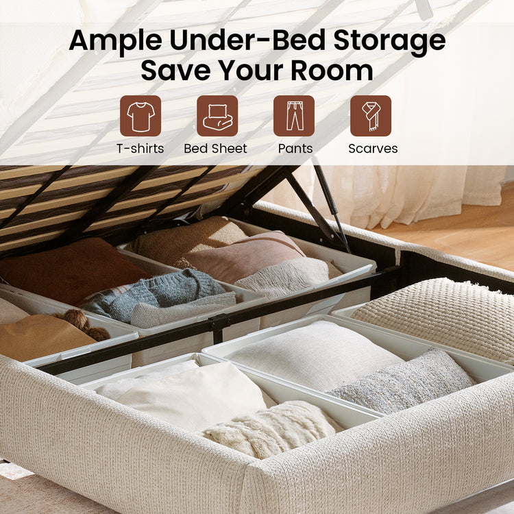 Elara King Lift-Up Storage Bed Frame with Adjustable Headboard, Beige
