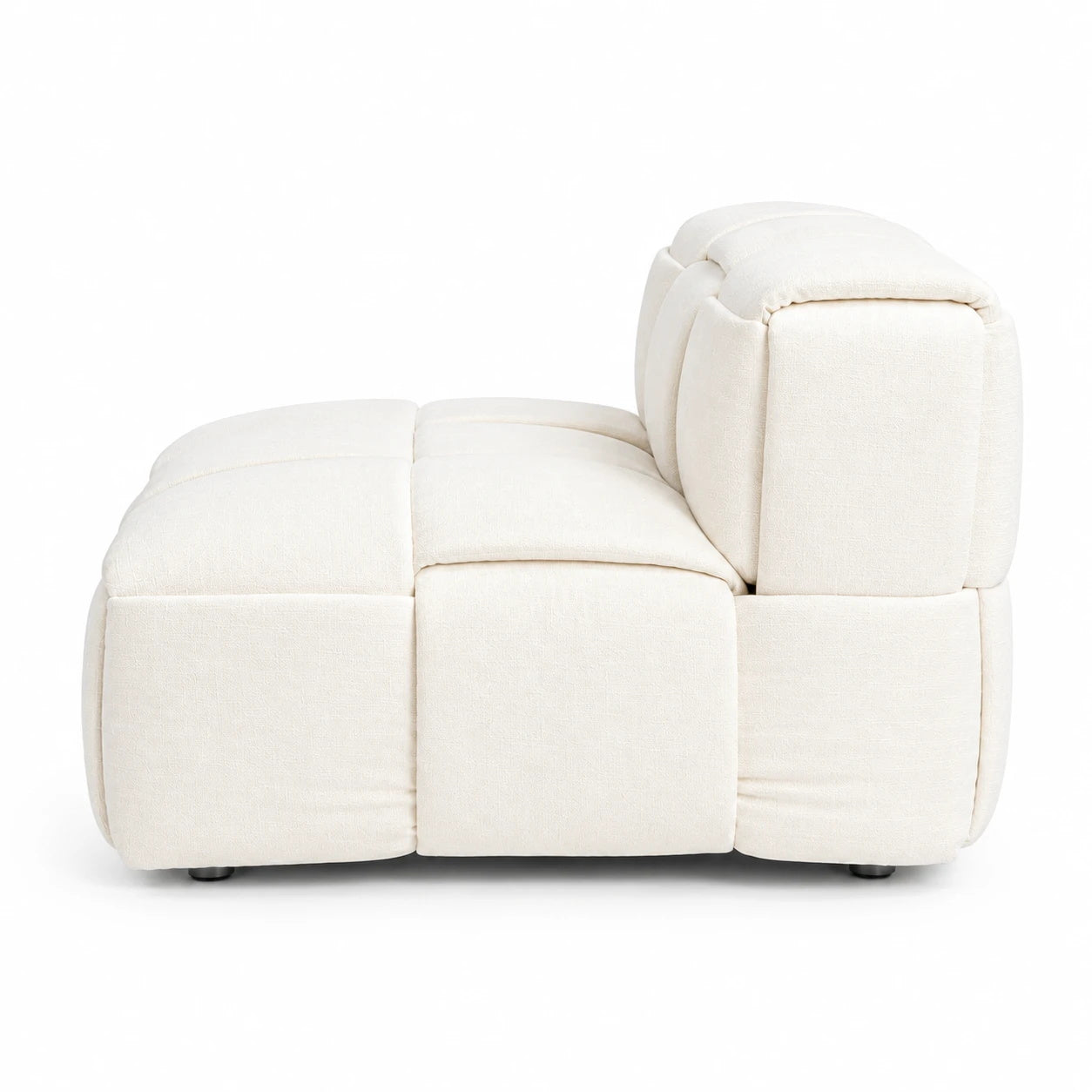 Side view shows a light-colored segmented recliner seat, Recliner is shown in an extended position