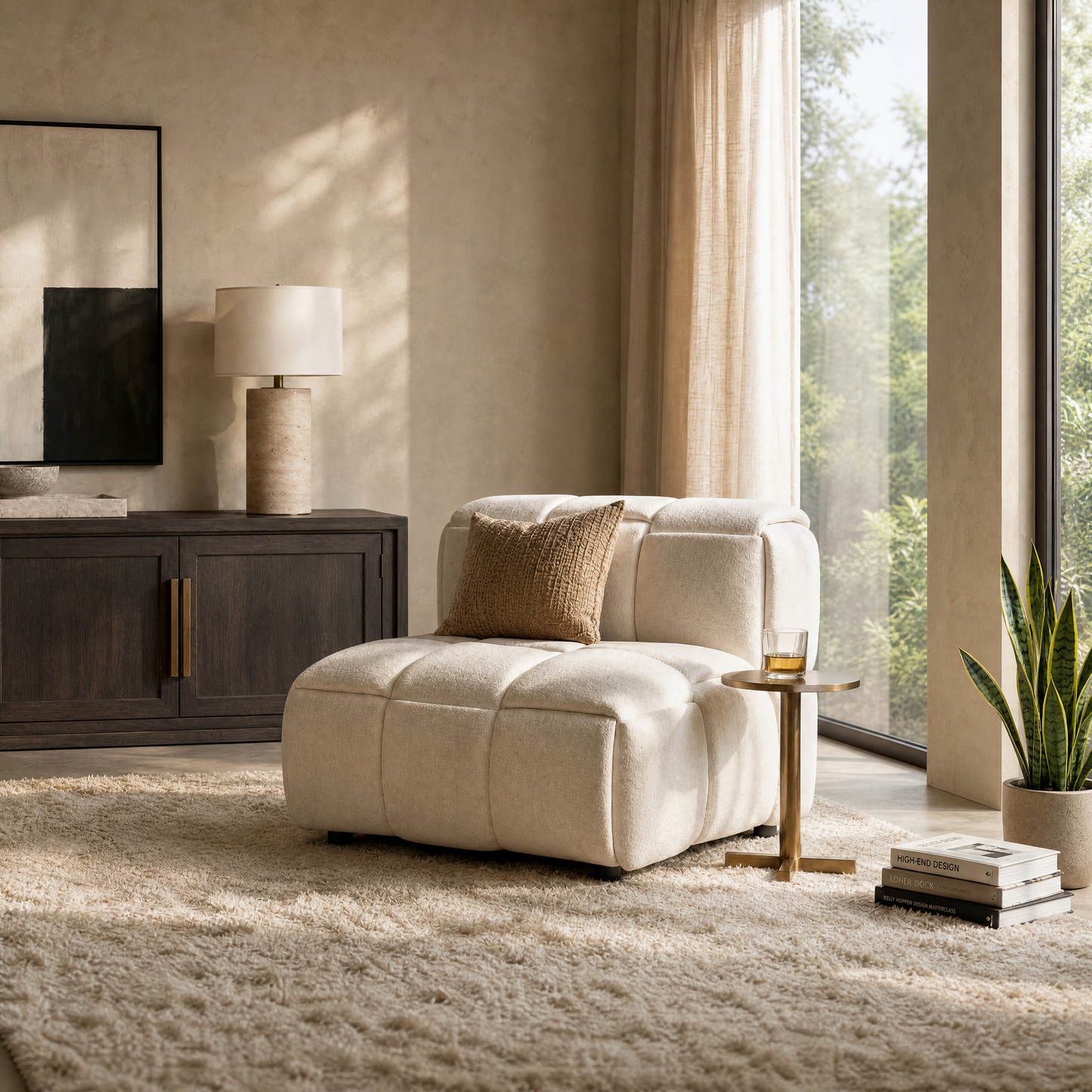 Cream lounge chair has deeply segmented cushions and a broad rounded profile