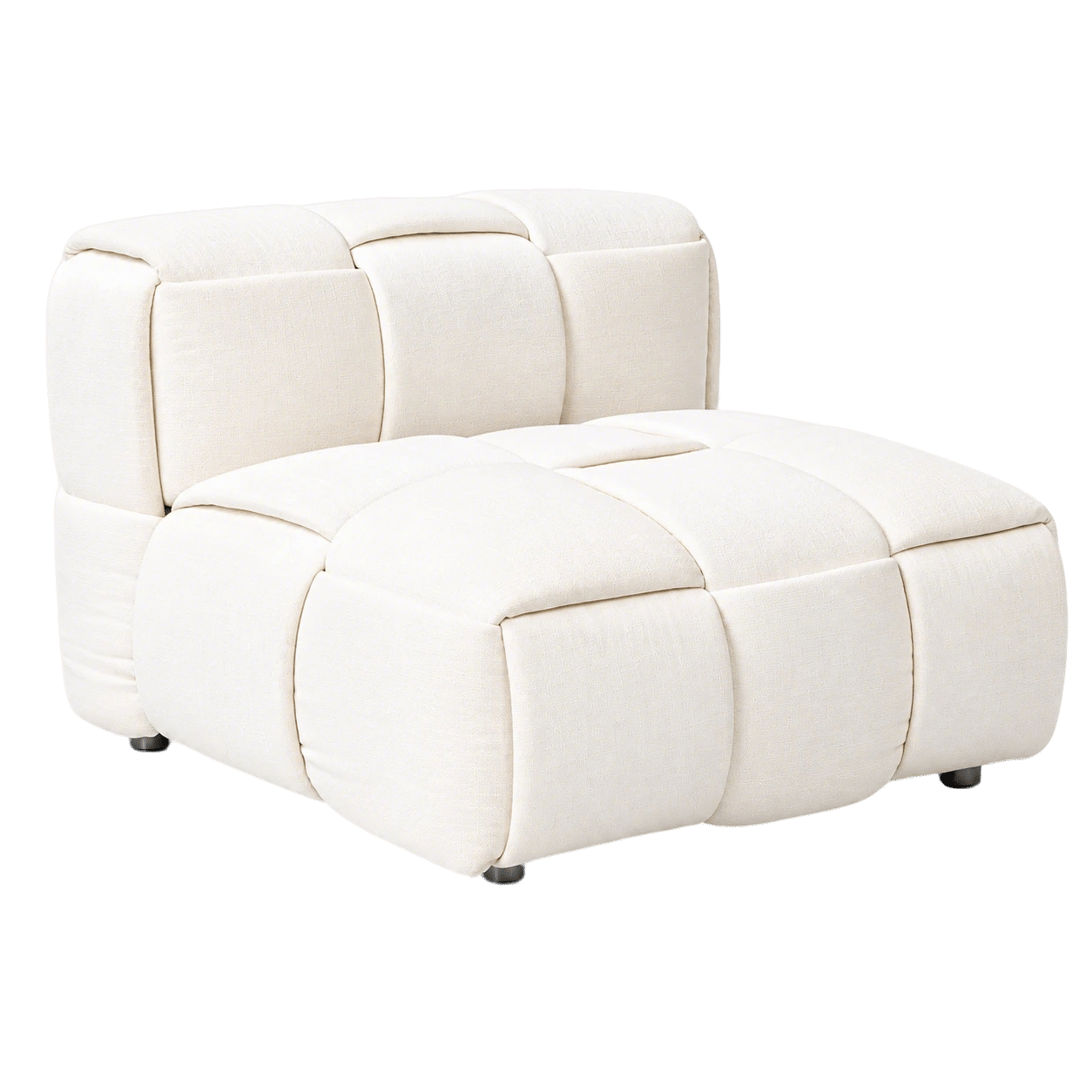 A wide off-white seat has three segmented back cushions, rounded padded arms, and a deep front cushion