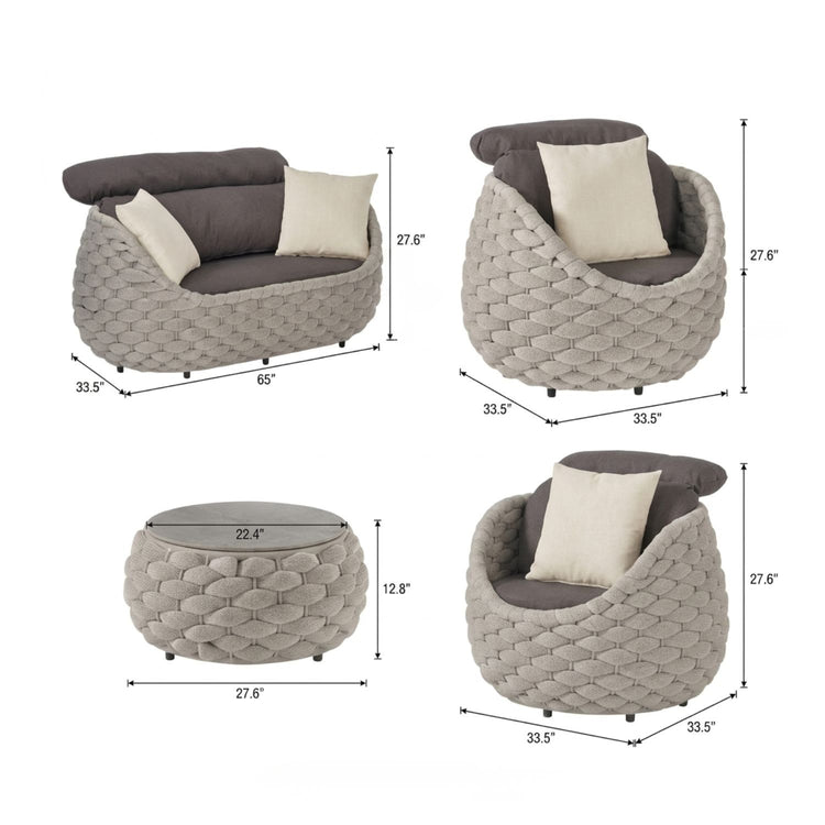 4-Piece Eggshell Woven Rope Patio Furniture Set with 1 Loveseat & Coffee Table, 2 Lounge Chairs