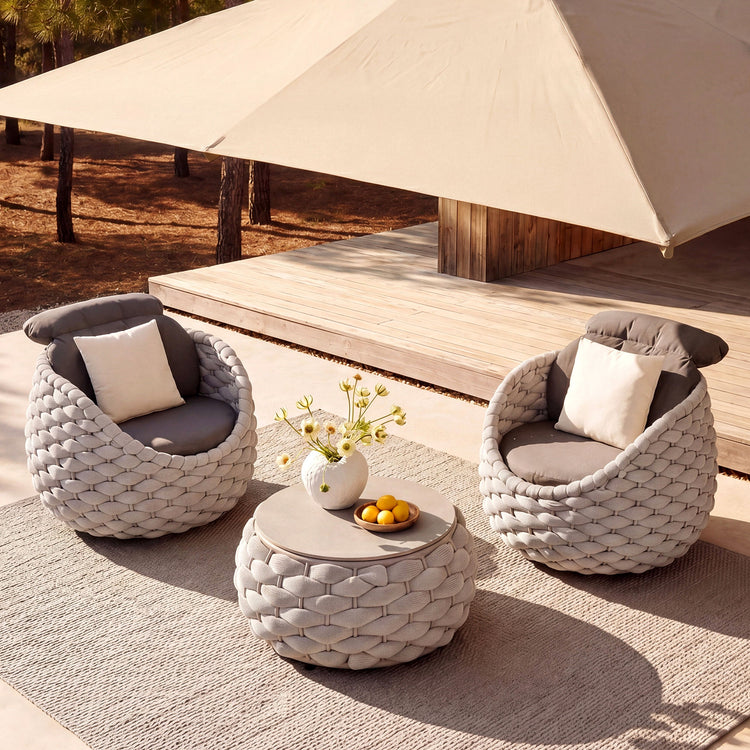 4-Piece Eggshell Woven Rope Patio Furniture Set with 1 Loveseat & Coffee Table, 2 Lounge Chairs