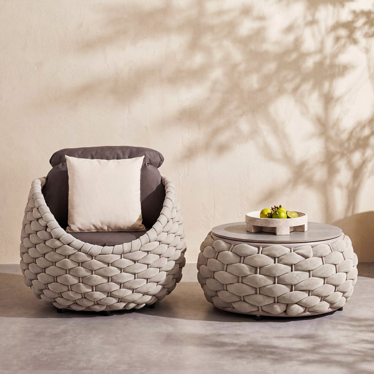 4-Piece Eggshell Woven Rope Patio Furniture Set with 1 Loveseat & Coffee Table, 2 Lounge Chairs