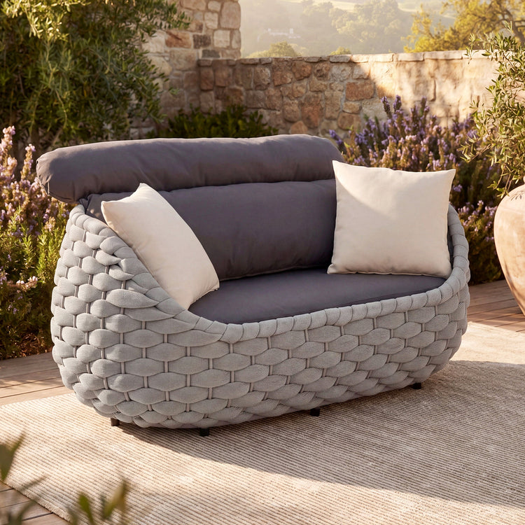 4-Piece Eggshell Woven Rope Patio Furniture Set with 1 Loveseat & Coffee Table, 2 Lounge Chairs