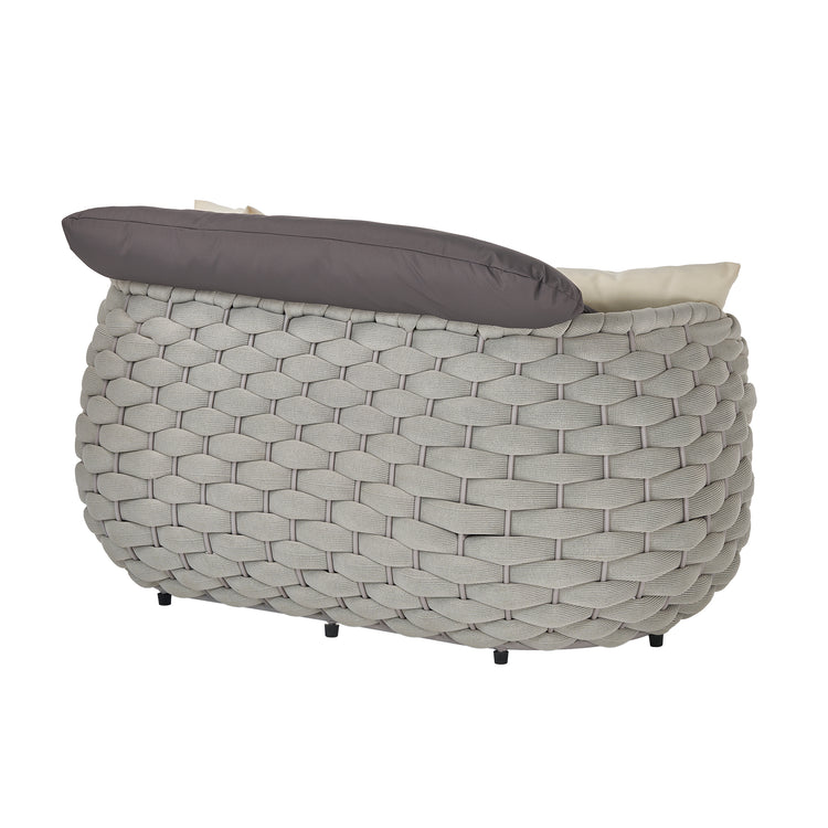 Gray chunky woven chair shown from the rear