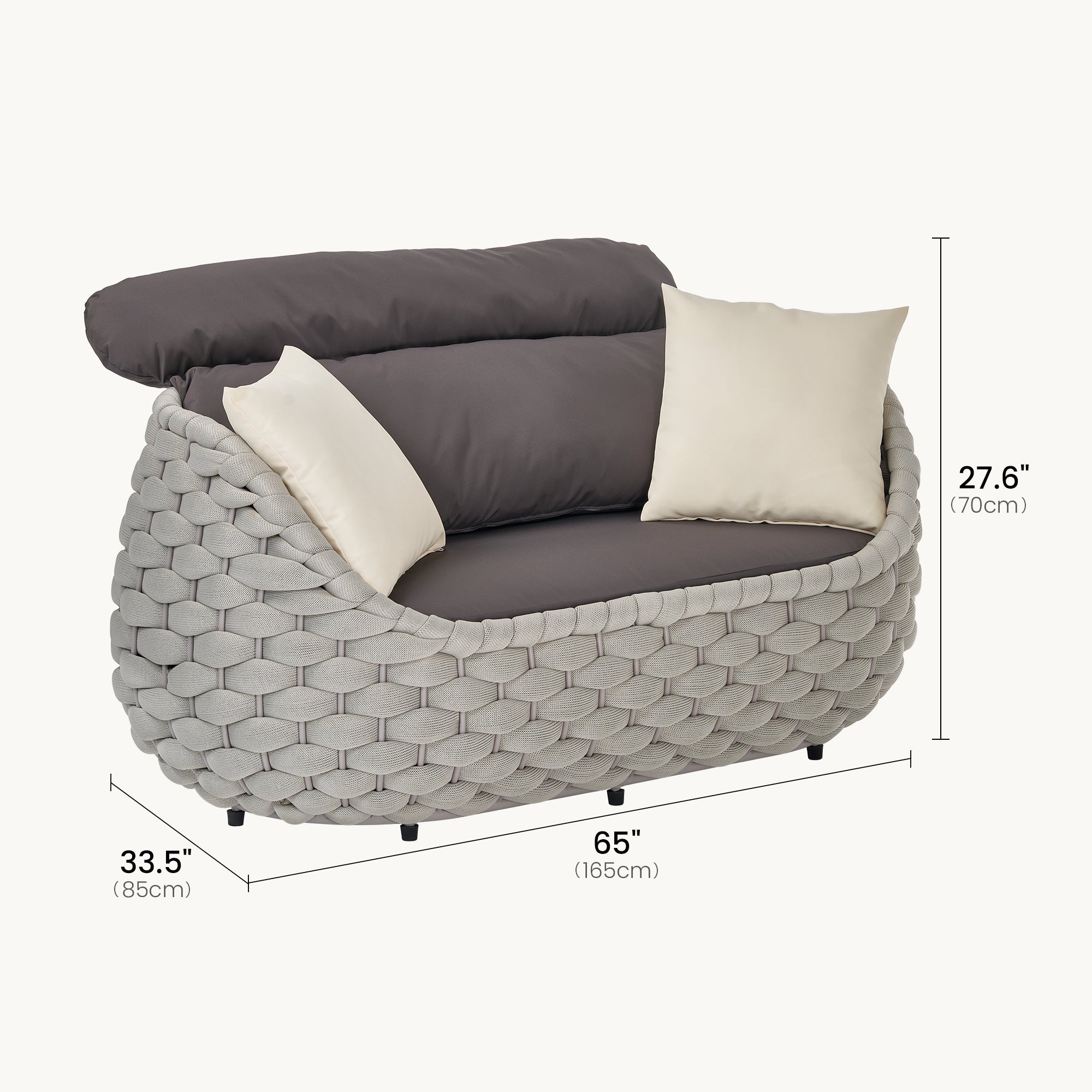 65" Outdoor Eggshell Woven Rope Loveseat Sofa with Plush Cushions - Dimensions