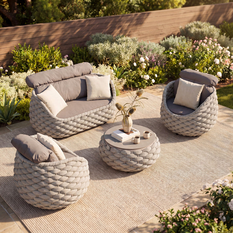 27.6" Round Outdoor Coffee Table, Eggshell Sintered Stone Top