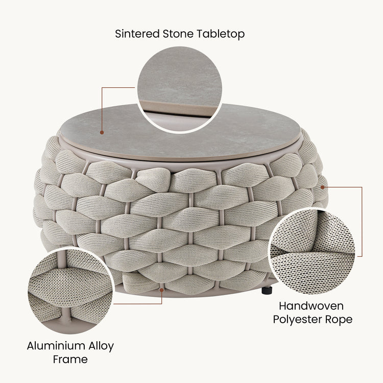 27.6" Round Outdoor Coffee Table, Eggshell Sintered Stone Top