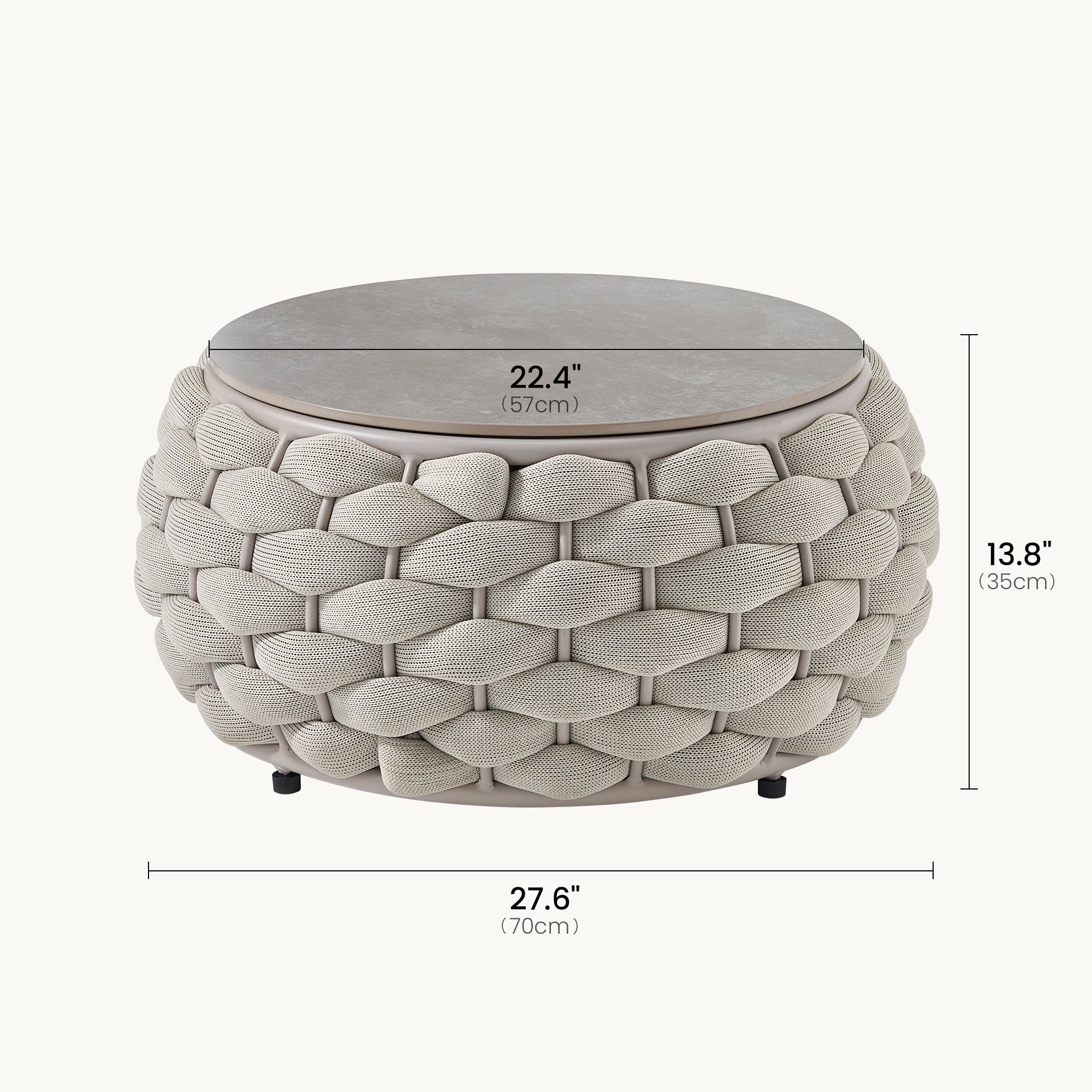 27.6" Round Outdoor Coffee Table, Eggshell Sintered Stone Top - Dimensions