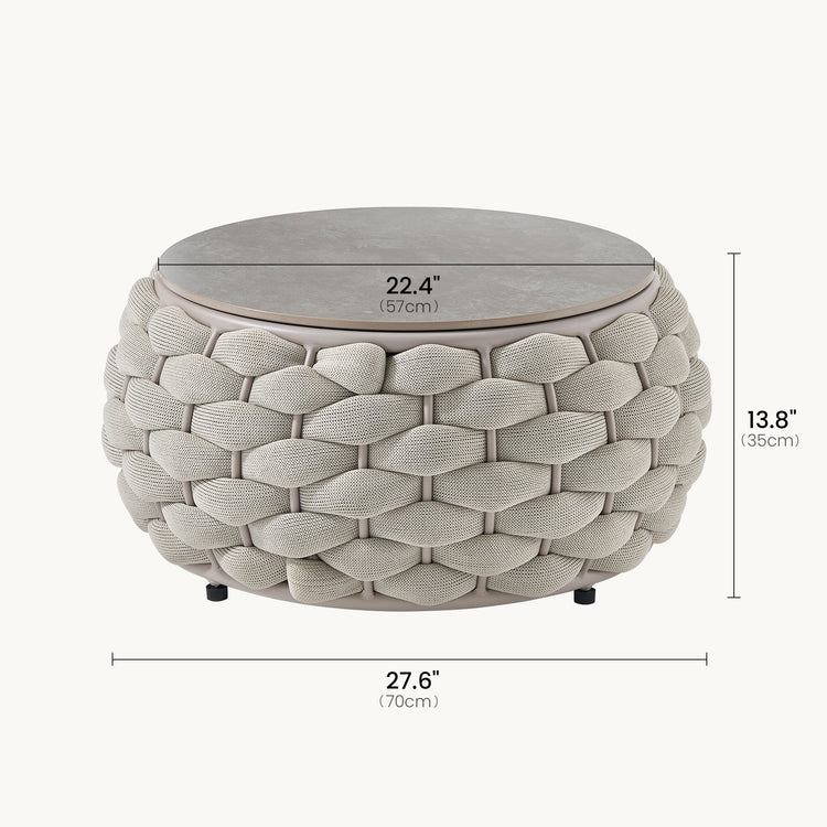 27.6" Round Outdoor Coffee Table, Eggshell Sintered Stone Top
