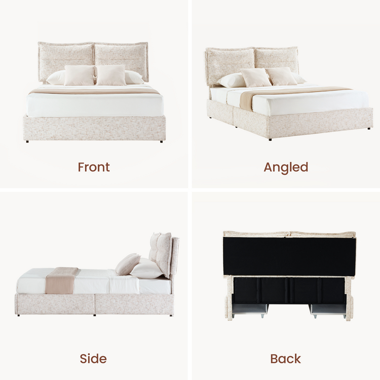 Queen Storage Bed with 4 Drawers: Freya Upholstered Frame, Sandstone Beige