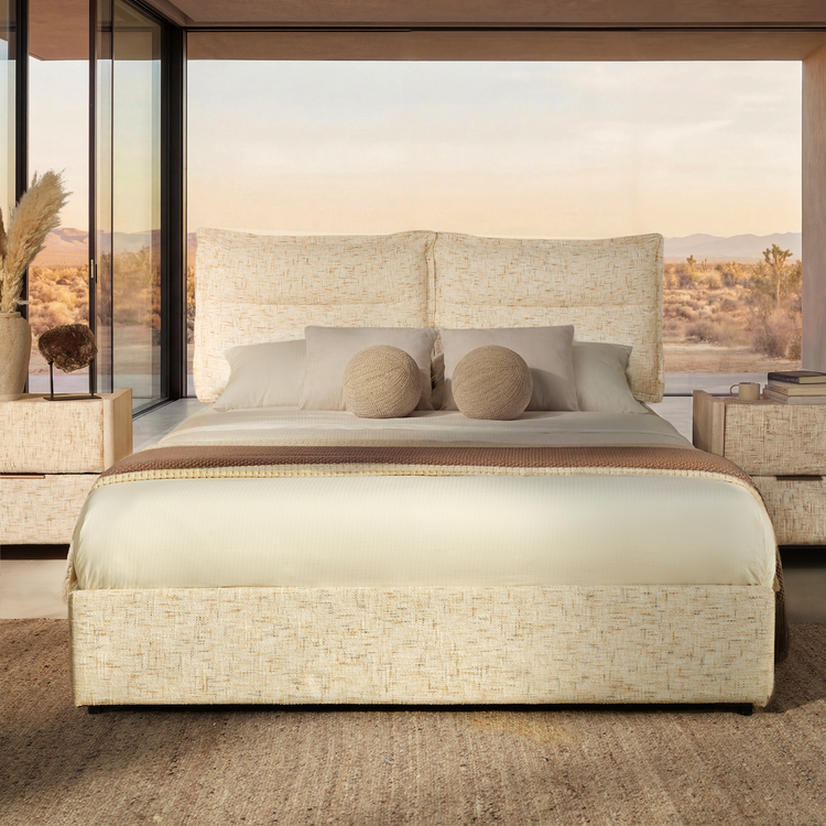Queen Storage Bed with 4 Drawers: Freya Upholstered Frame, Sandstone Beige
