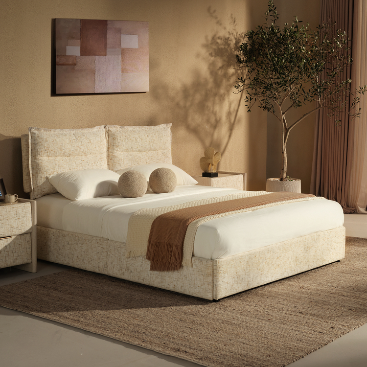 Queen Storage Bed with 4 Drawers: Freya Upholstered Frame, Sandstone Beige