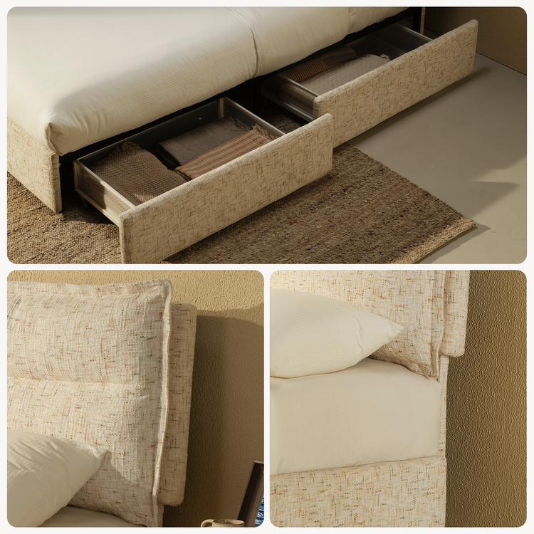 Queen Storage Bed with 4 Drawers: Freya Upholstered Frame, Sandstone Beige