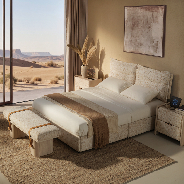 Queen Storage Bed with 4 Drawers: Freya Upholstered Frame, Sandstone Beige