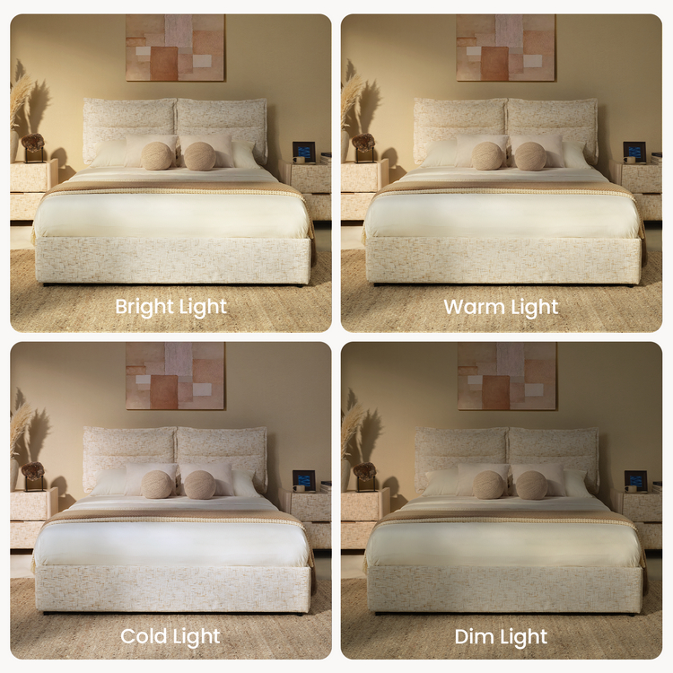 Queen Storage Bed with 4 Drawers: Freya Upholstered Frame, Sandstone Beige