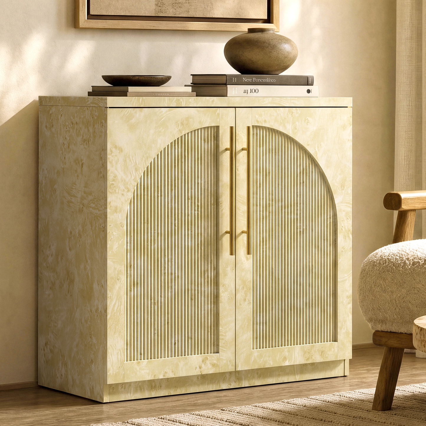 [Pre-sale] Harmo Block 31" Arched Fluted Accent Cabinet Storage Cabinet, Burl Wood
