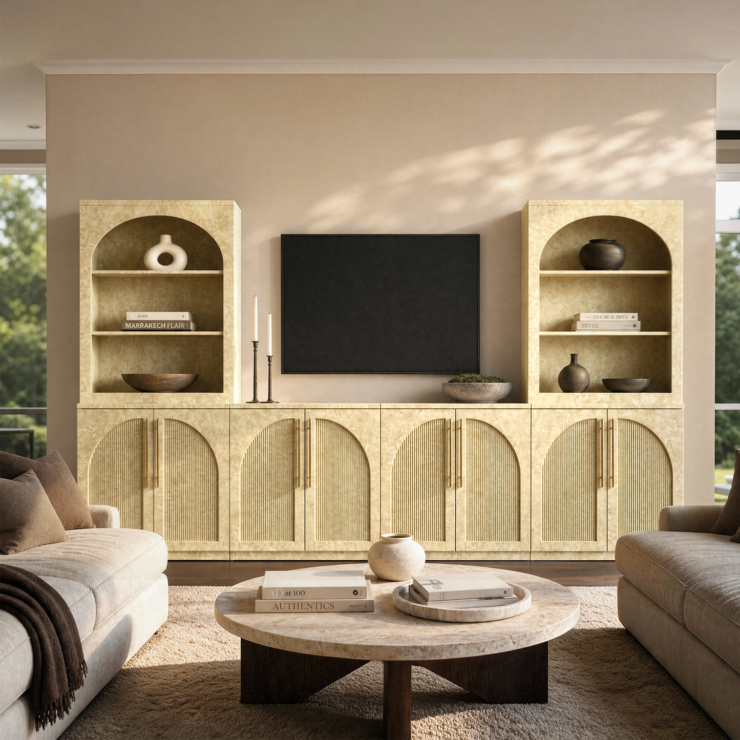 [Pre-sale] Harmo Block 31" Arched Fluted Accent Cabinet Storage Cabinet, Burl Wood