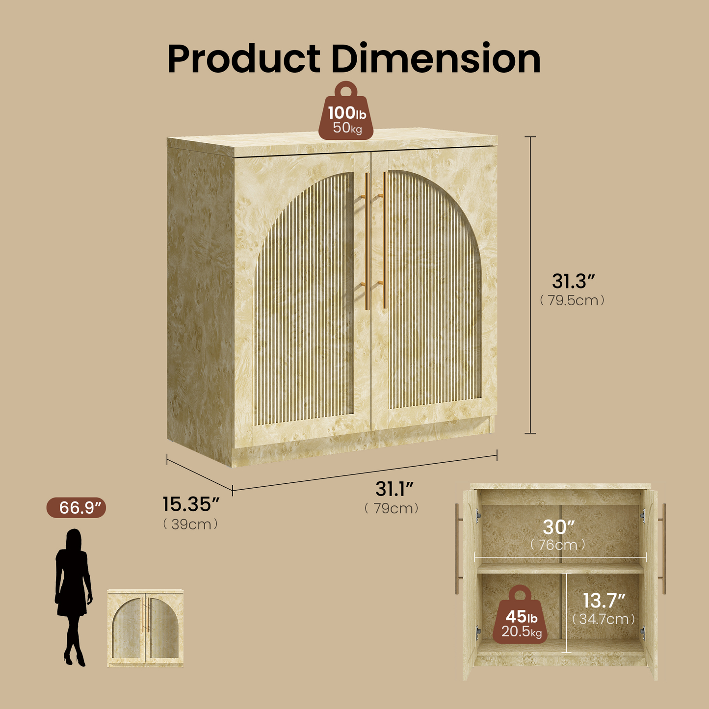 [Pre-sale] Harmo Block 31" Arched Fluted Accent Cabinet Storage Cabinet, Burl Wood