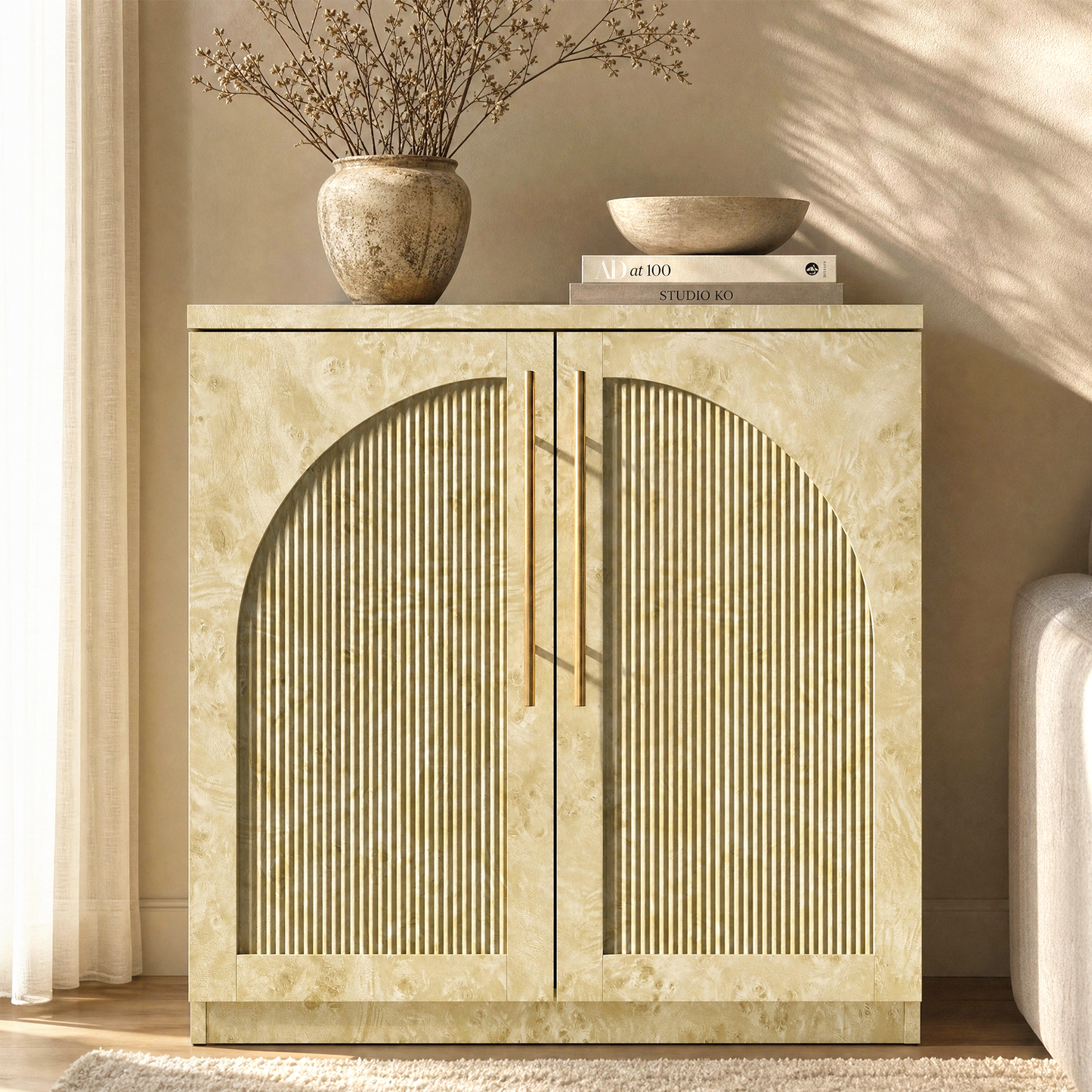 [Pre-sale] Harmo Block 31" Arched Fluted Accent Cabinet Storage Cabinet, Burl Wood