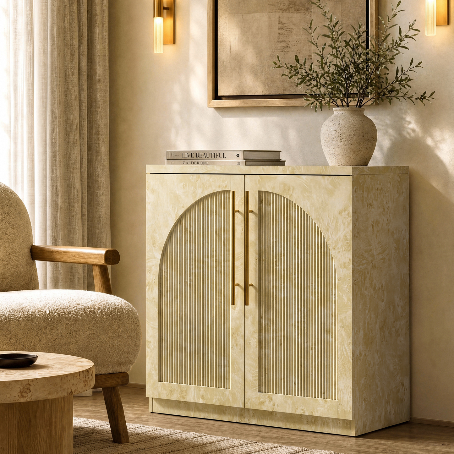 [Pre-sale] Harmo Block 31" Arched Fluted Accent Cabinet Storage Cabinet, Burl Wood