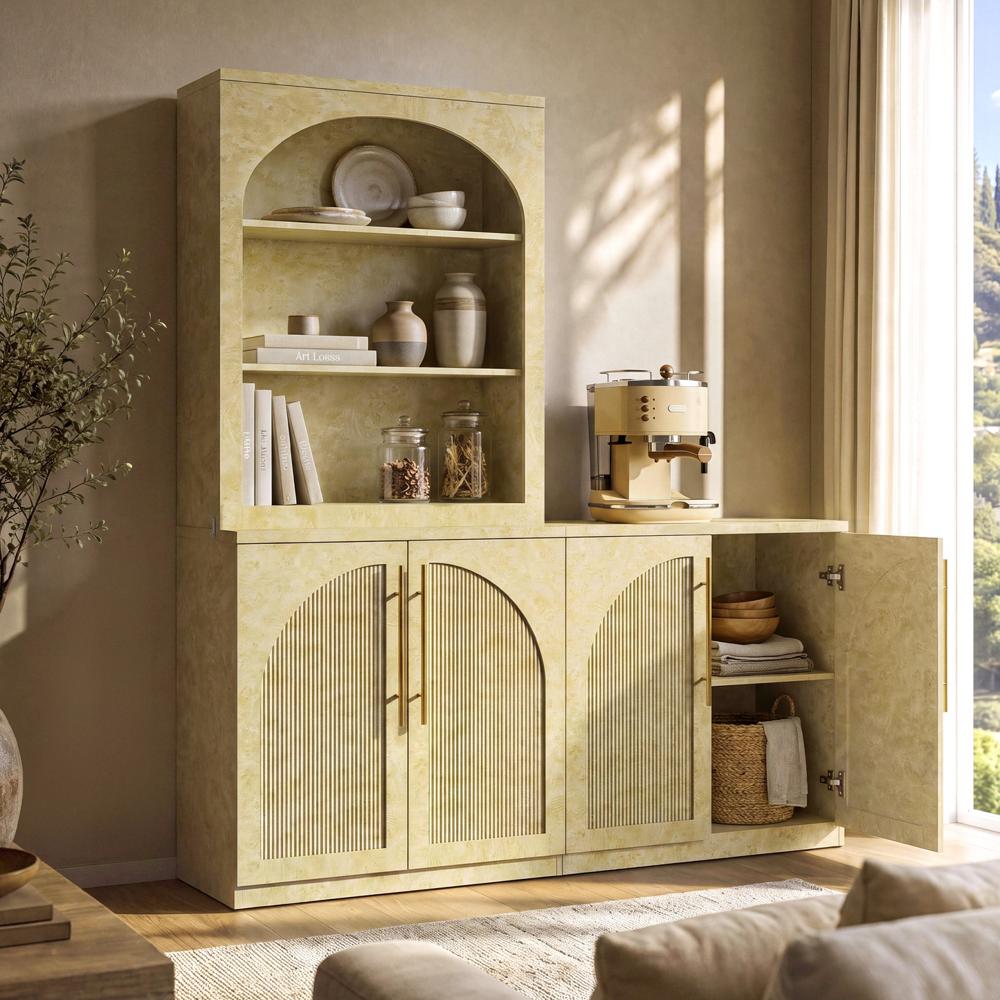 [Pre-sale] Harmo Block 31" Arched Fluted Accent Cabinet Storage Cabinet, Burl Wood