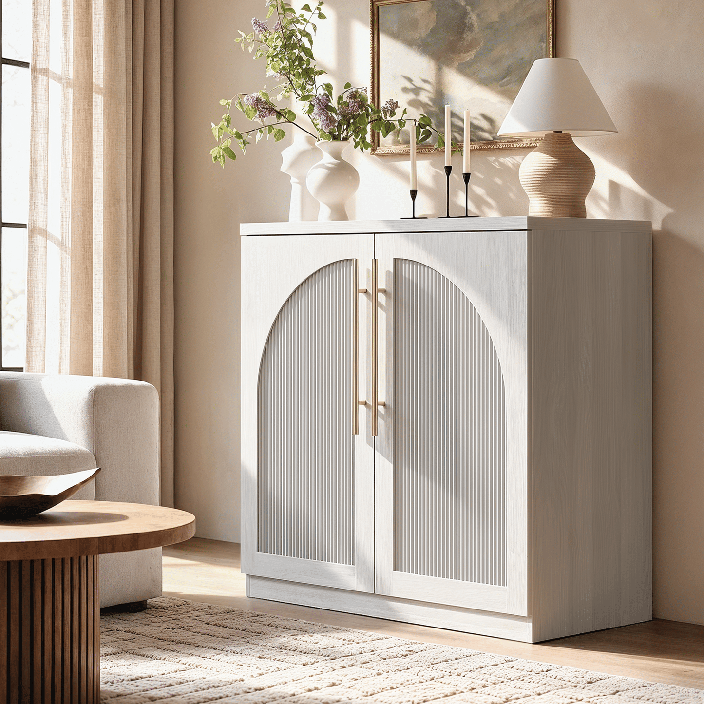 [Pre-sale]Harmo Block 31" Arched Fluted Accent Cabinet Storage Cabinet, White
