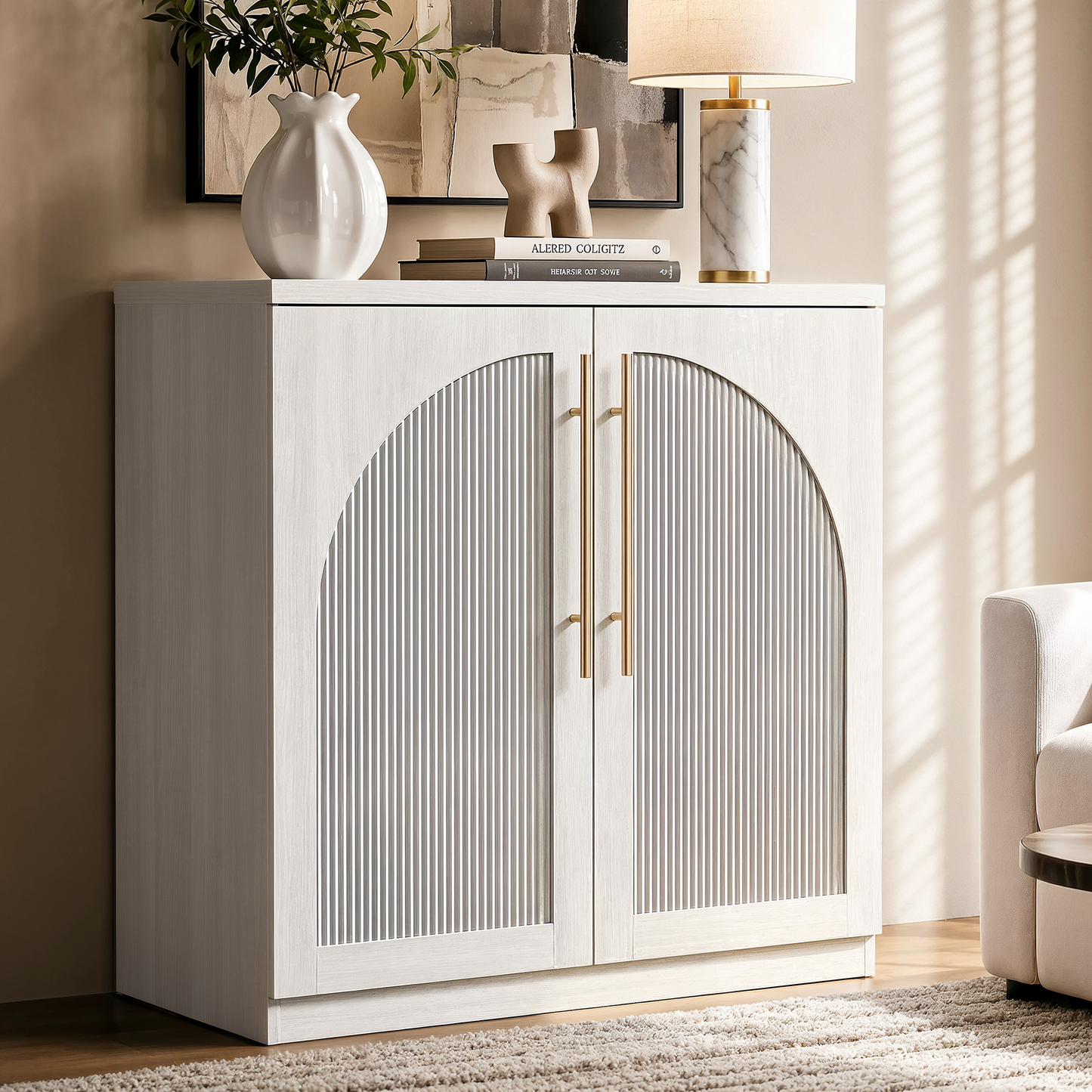 [Pre-sale]Harmo Block 31" Arched Fluted Accent Cabinet Storage Cabinet, White