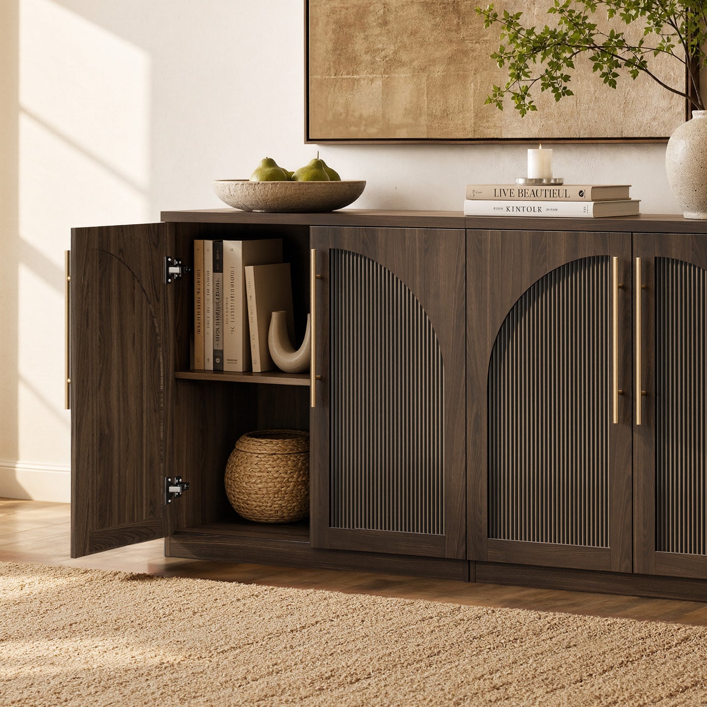 [Pre-Sale] Harmo Block 70" Arched Bookcase with Doors,  Hall Tree & Entryway Cabinet, Walnut Wood