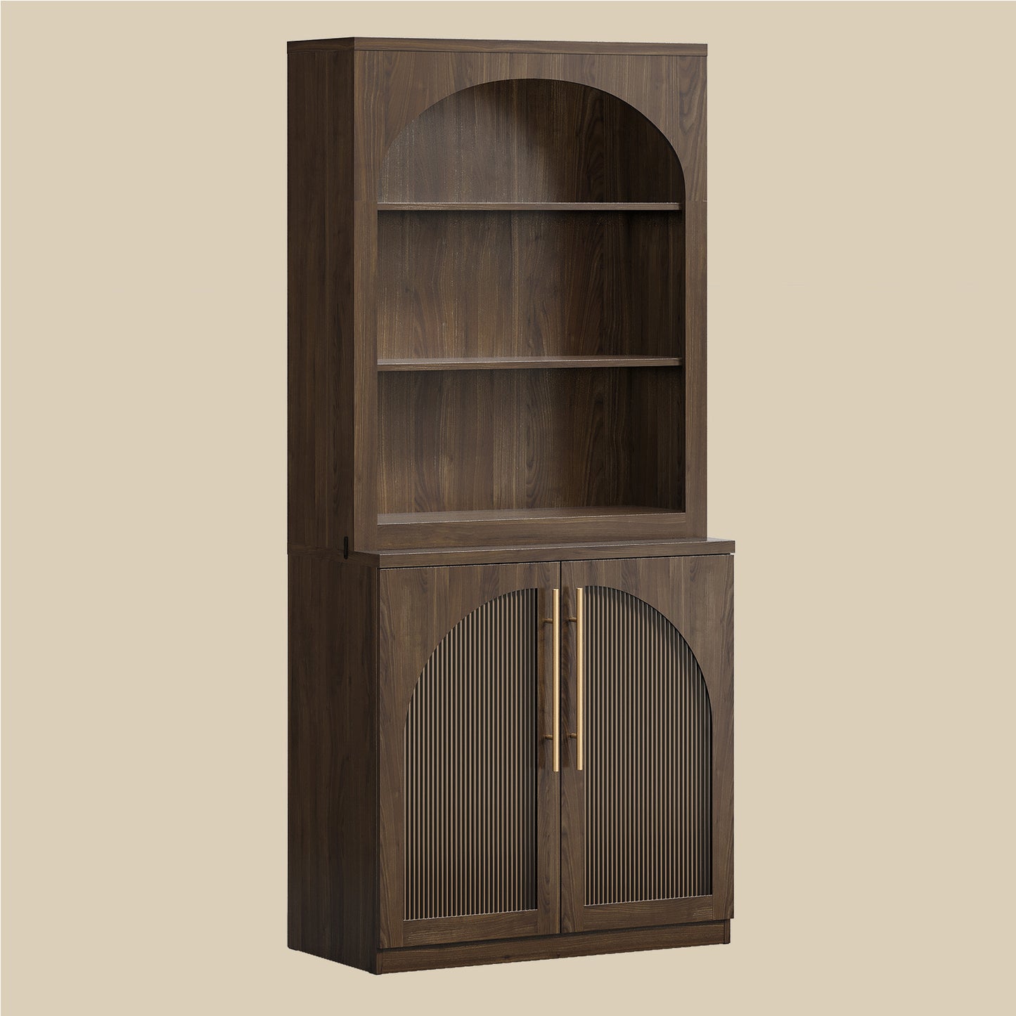 [Pre-Sale] Harmo Block 70" Arched Bookcase with Doors,  Hall Tree & Entryway Cabinet, Walnut Wood