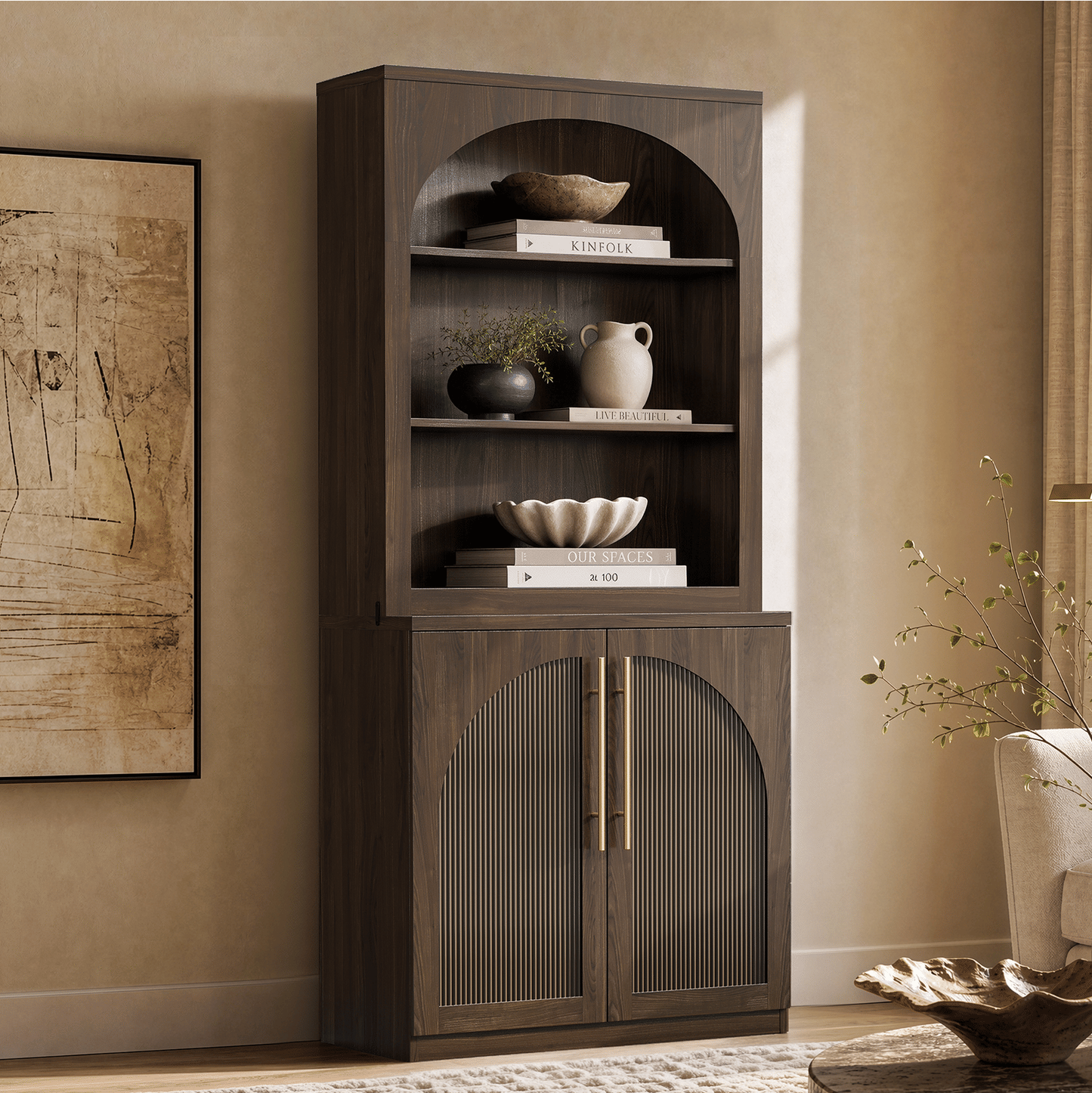 [Pre-Sale] Harmo Block 70" Arched Bookcase with Doors,  Hall Tree & Entryway Cabinet, Walnut Wood