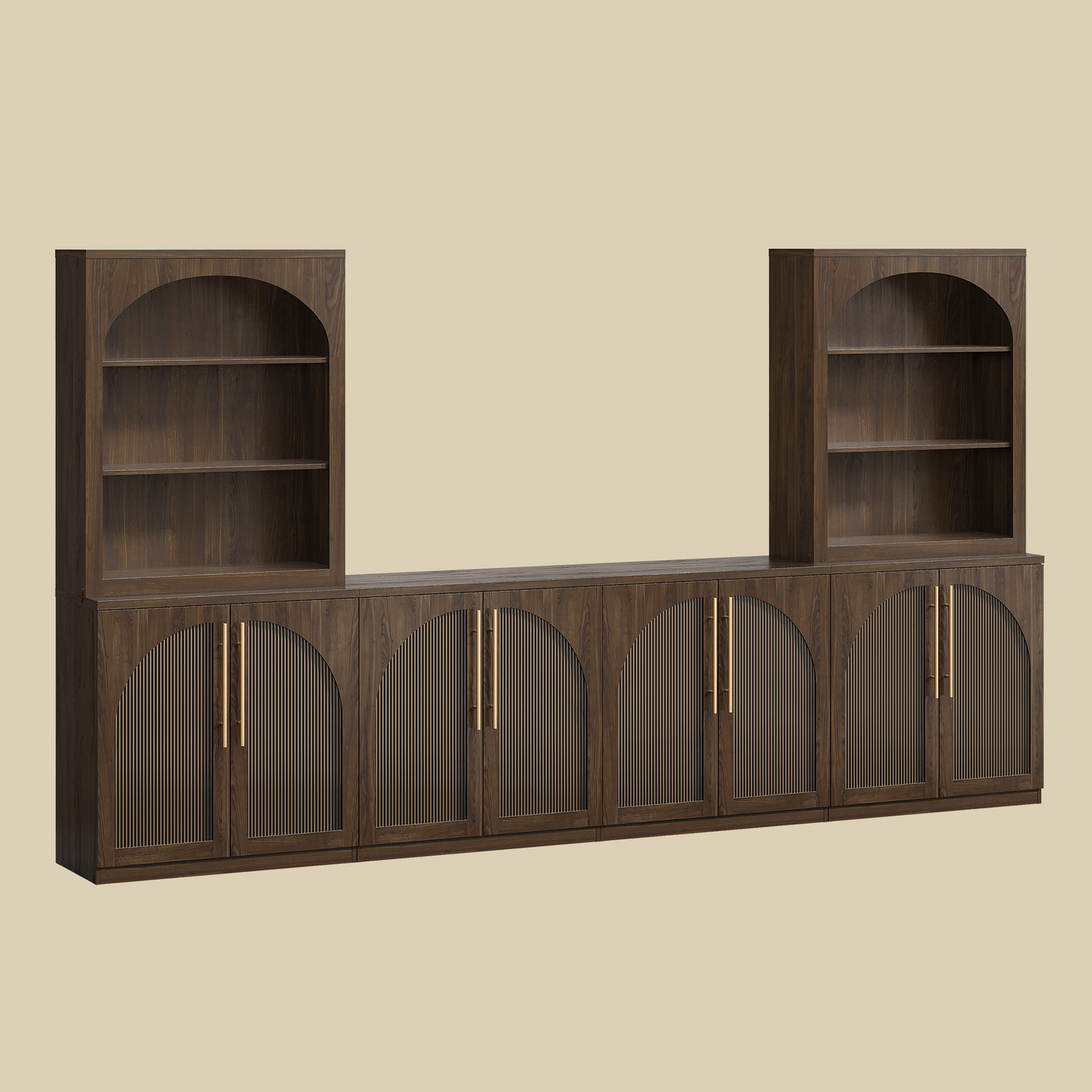 [Pre-Sale] Harmo Block 70" Arched Bookcase with Doors,  Hall Tree & Entryway Cabinet, Walnut Wood