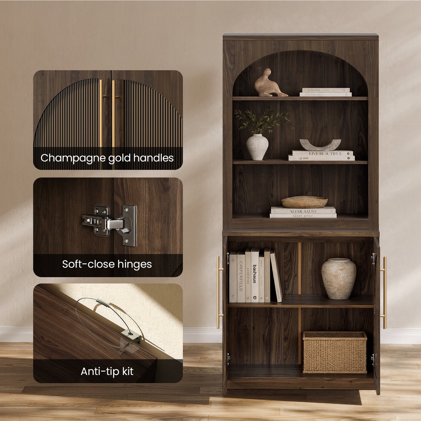 [Pre-Sale] Harmo Block 70" Arched Bookcase with Doors,  Hall Tree & Entryway Cabinet, Walnut Wood