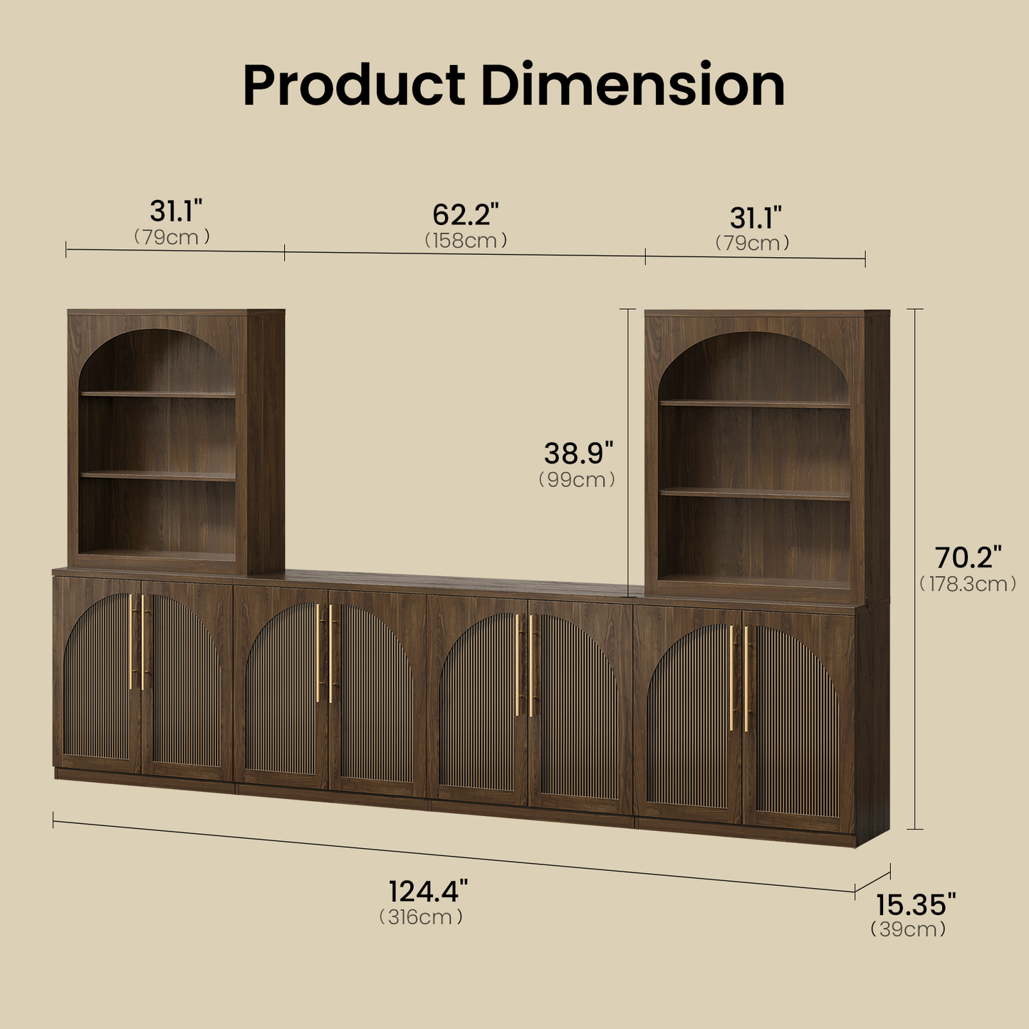 [Pre-Sale] Harmo Block 70" Arched Bookcase with Doors,  Hall Tree & Entryway Cabinet, Walnut Wood