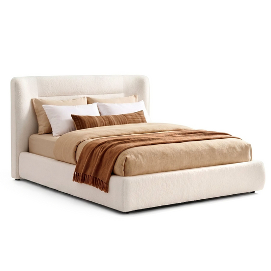Queen Size Upholstered Platform Bed Frame – Boucle Wingback Headboard