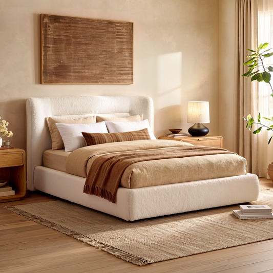 Queen Size Upholstered Platform Bed Frame – Boucle Wingback Headboard
