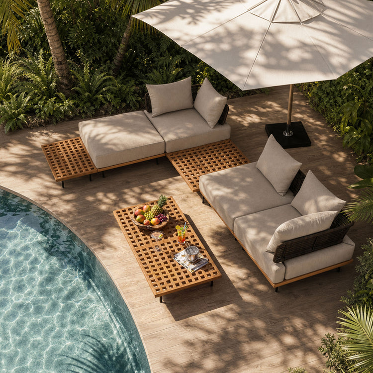 150.6" Outdoor Teak Lattice 3 Seater Modular Sectional Sofa Set