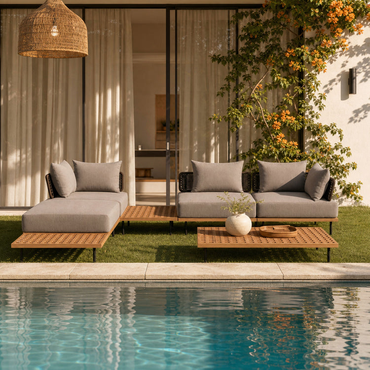 150.6" Outdoor Teak Lattice 3 Seater Modular Sectional Sofa Set