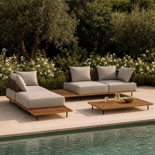 150.6" Outdoor Teak Lattice 3 Seater Modular Sectional Sofa Set