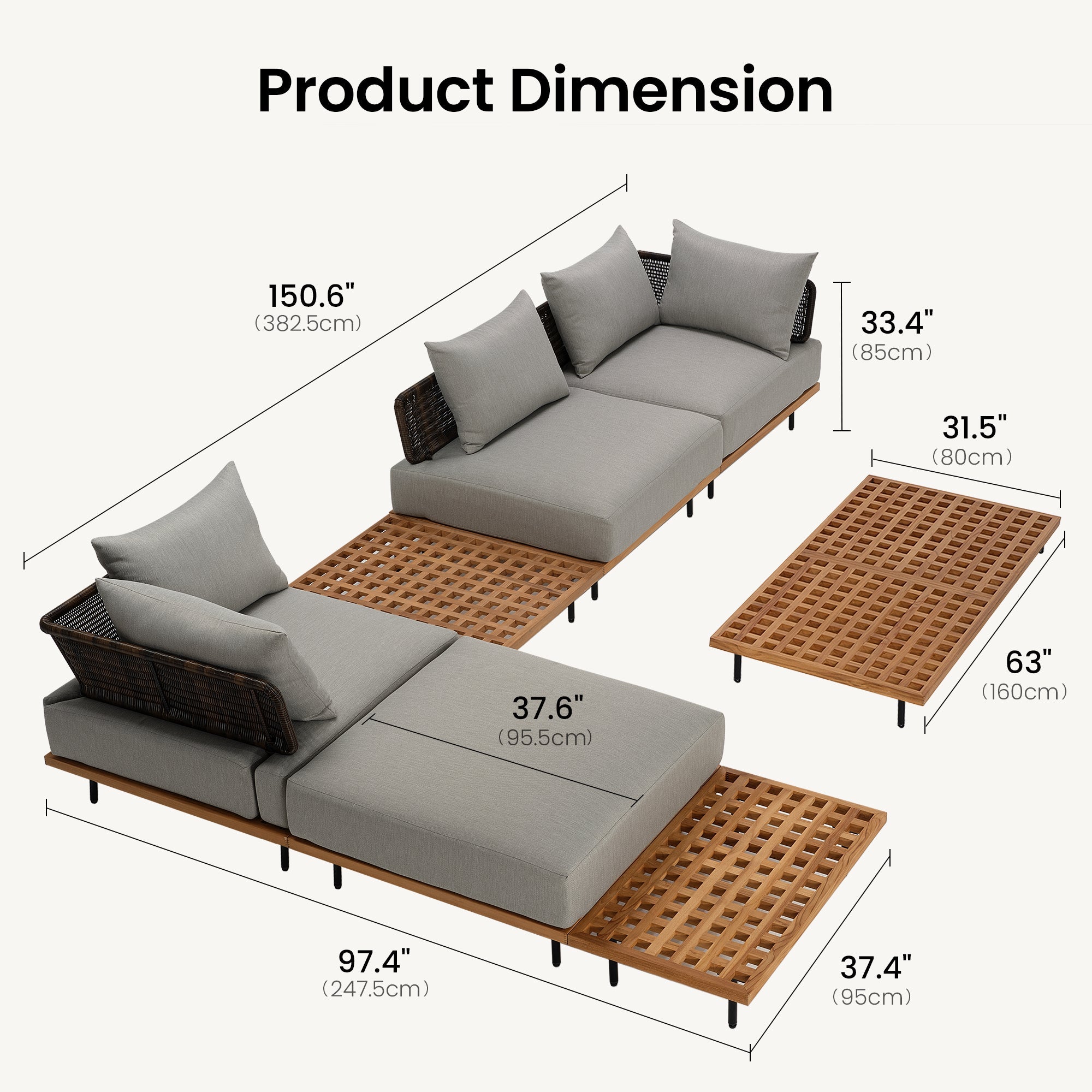 150.6" Outdoor Teak Lattice 3 Seater Modular Sectional Sofa Set - Dimensions