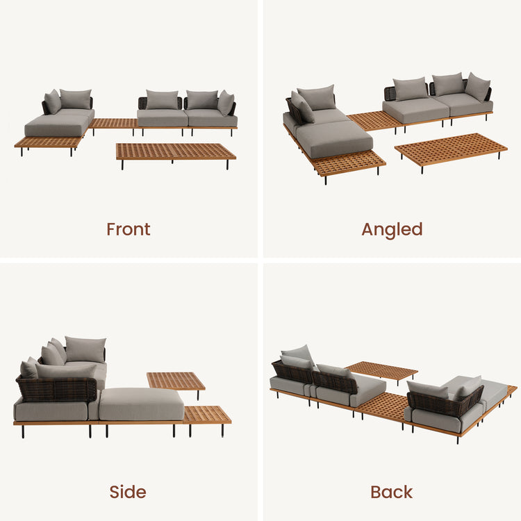 150.6" Outdoor Teak Lattice 3 Seater Modular Sectional Sofa Set